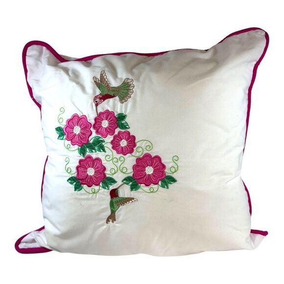 Hummingbird Vintage Square Embroidered Throw Pillow Cottage Hummingbirds Flowers - Picture 1 of 5